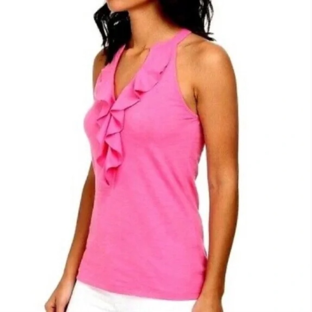 Lilly Pulitzer 100% Pima Cotton Cleo Ruffle V-Neck Tank Top Pink size Small